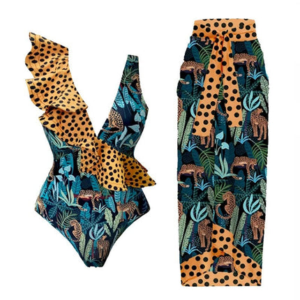 Women 2 Pieces Beach Swimsuit Tropical Bikini Swimsuit with Cover up Wrap Skirt Bathing Suits