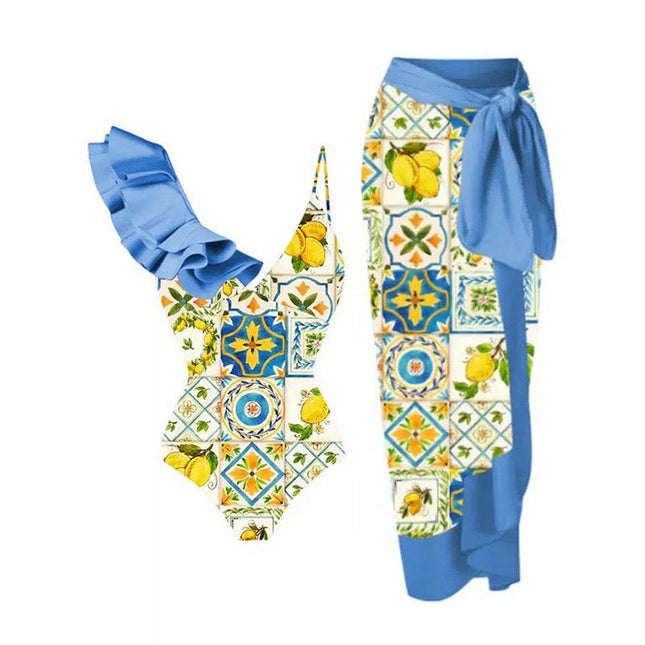Maillot de bain 2 pièces pour femme, bikini tropical, avec jupe portefeuille, maillots de bain