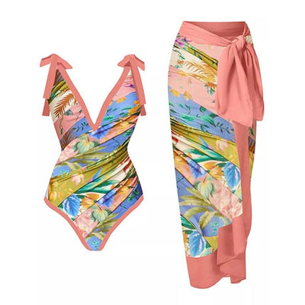 Women 2 Pieces Beach Swimsuit Tropical Bikini Swimsuit with Cover up Wrap Skirt Bathing Suits