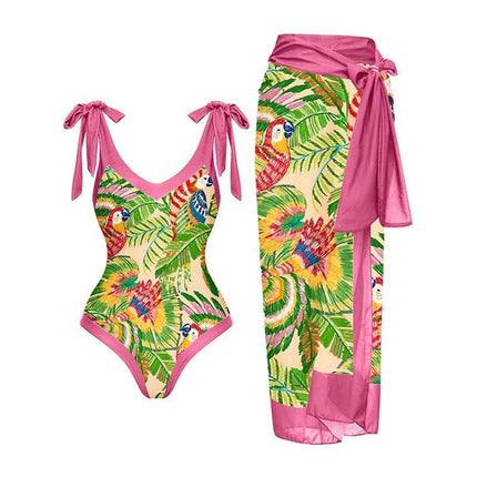 Women 2 Pieces Beach Swimsuit Tropical Bikini Swimsuit with Cover up Wrap Skirt Bathing Suits