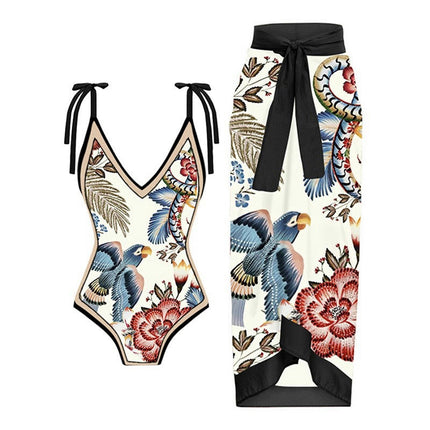 Women 2 Pieces Beach Swimsuit Tropical Bikini Swimsuit with Cover up Wrap Skirt Bathing Suits