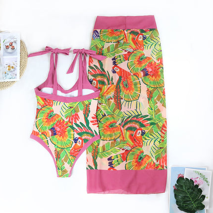 Women 2 Pieces Beach Swimsuit Tropical Bikini Swimsuit with Cover up Wrap Skirt Bathing Suits 1