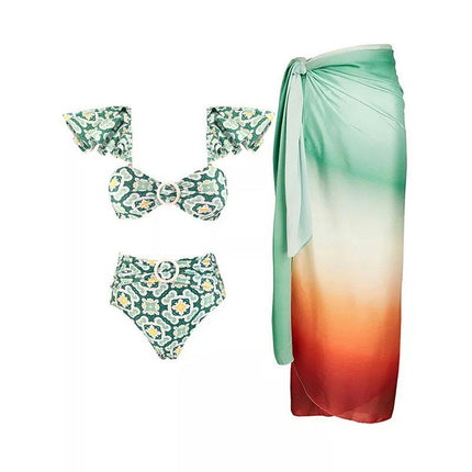 Women 2 Pieces Beach Swimsuit Tropical Bikini Swimsuit with Cover up Wrap Skirt Bathing Suits