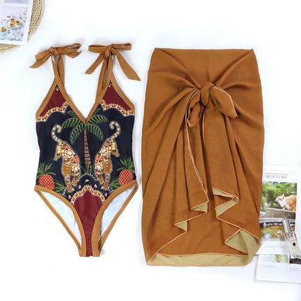 Women 2 Pieces Beach Swimsuit Tropical Bikini Swimsuit with Cover up Wrap Skirt Bathing Suits 1