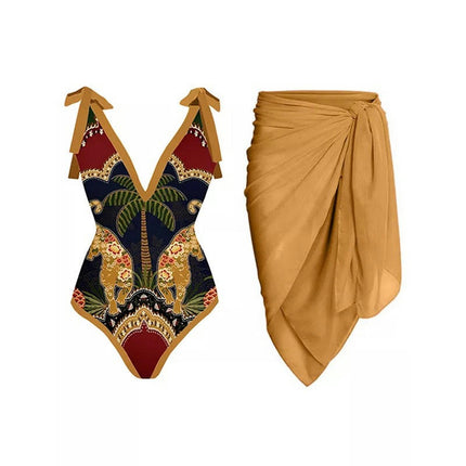 Women 2 Pieces Beach Swimsuit Tropical Bikini Swimsuit with Cover up Wrap Skirt Bathing Suits