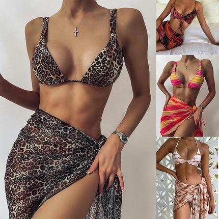 Women's 3 Piece Swimsuits Tie Side Bikini Set Swimwear with Cover Up Skirt Bathing Suit