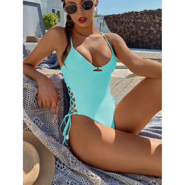 Women's Criss Cross Lace Up V Neck One Piece Swimsuit Bathing Suit