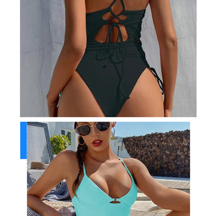 Women's Criss Cross Lace Up V Neck One Piece Swimsuit Bathing Suit