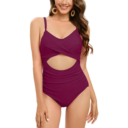 Maillot de bain une pièce pour femme, contrôle du ventre, push-up, col en V, coupe haute
