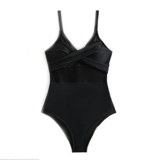 Women's One Piece Swimsuits V Neck Backless Bathing Suits Mesh Sheer Swimwear