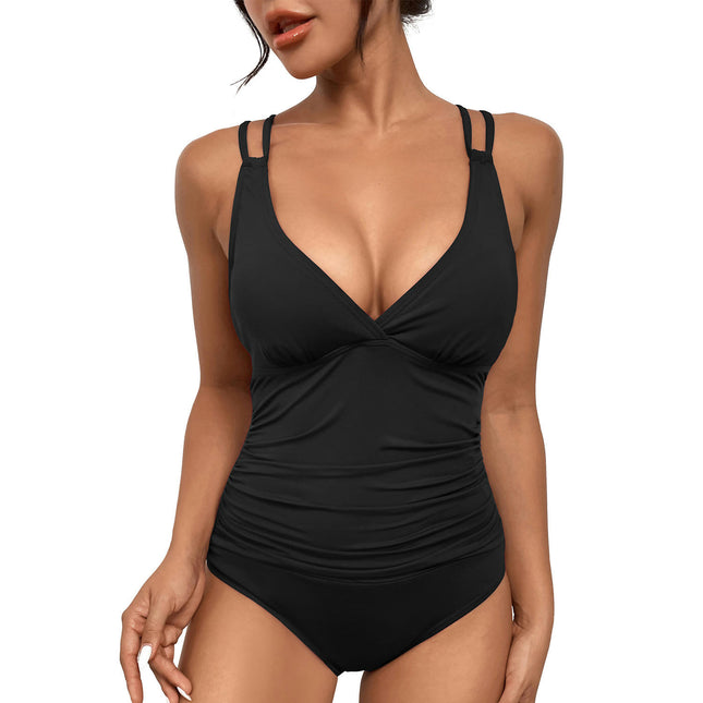 One Piece Crossover Swimsuit Tummy Control Ruched Push Up Bathing Suits for Women