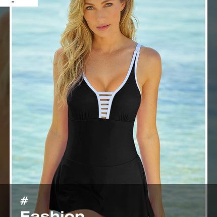 Women's One Piece Swimdress Swimsuits Tummy Control Swim Dresses Skirt V Neck Bathing Suit