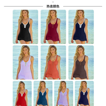 Women's One Piece Swimdress Swimsuits Tummy Control Swim Dresses Skirt V Neck Bathing Suit