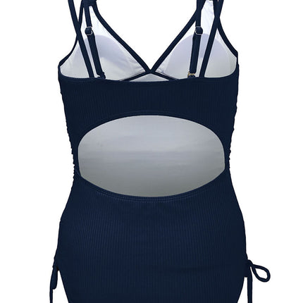 Women's Sexy Plunging Neck drawstring Solid Color One Piece Swimwear