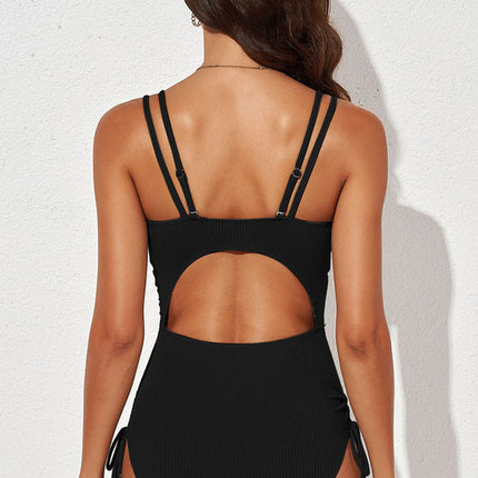 Women's Sexy Plunging Neck drawstring Solid Color One Piece Swimwear