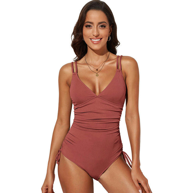 Women's Sexy Plunging Neck drawstring Solid Color One Piece Swimwear