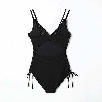 Women's Sexy Plunging Neck drawstring Solid Color One Piece Swimwear