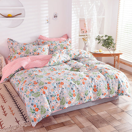 Duvet Cover Queen Size Flowers Printed 0n Bedding Set 4Pcs Soft Lightweight Cotton Comforter Cover With Zipper Ties