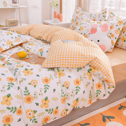 Duvet Cover Queen Size Flowers Printed 0n Bedding Set 4Pcs Soft Lightweight Cotton Comforter Cover With Zipper Ties