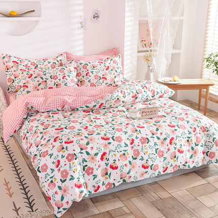Duvet Cover Queen Size Flowers Printed 0n Bedding Set 4Pcs Soft Lightweight Cotton Comforter Cover With Zipper Ties