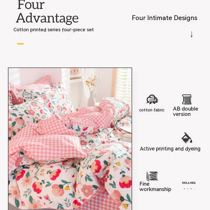 Duvet Cover Queen Size Flowers Printed 0n Bedding Set 4Pcs Soft Lightweight Cotton Comforter Cover With Zipper Ties