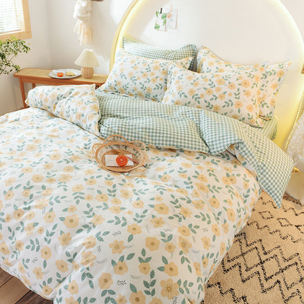 Duvet Cover Queen Size Flowers Printed 0n Bedding Set 4Pcs Soft Lightweight Cotton Comforter Cover With Zipper Ties