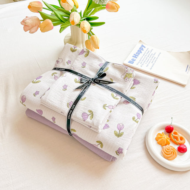 Duvet Cover, Cotton Queen 4 Pcs Bedding Set, Fresh Floral Pattern Printed , with Zipper Ties, Luxury Soft Breathable Comfortable