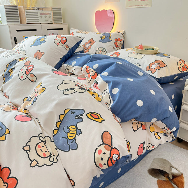 Parure de lit Queen, 100 % coton, parure de lit réversible 4 pièces (1 housse de couette + 2 taies d'oreiller + 1 drap-housse)