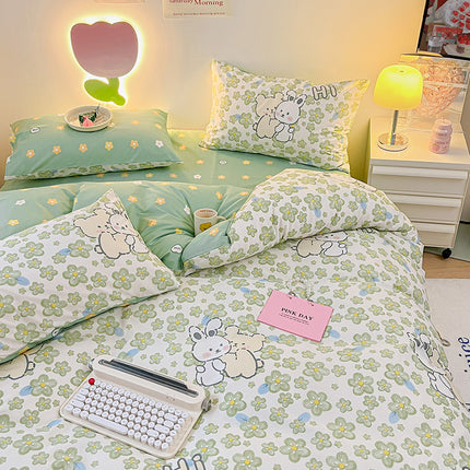 Duvet Cover Set Queen, 100% Cotton Bedding Set, 4 Pieces Reversible Comforter Cover Set (1 Duvet Cover+2 Pillowcases+1 Fitted Sheet)