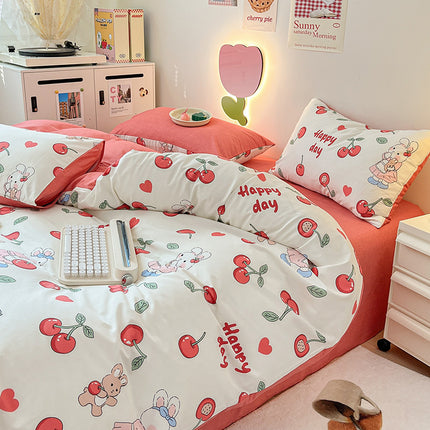 Duvet Cover Set Queen, 100% Cotton Bedding Set, 4 Pieces Reversible Comforter Cover Set (1 Duvet Cover+2 Pillowcases+1 Fitted Sheet)