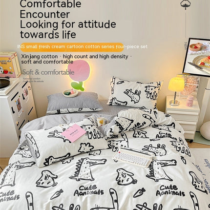 Duvet Cover Set Queen, 100% Cotton Bedding Set, 4 Pieces Reversible Comforter Cover Set (1 Duvet Cover+2 Pillowcases+1 Fitted Sheet)
