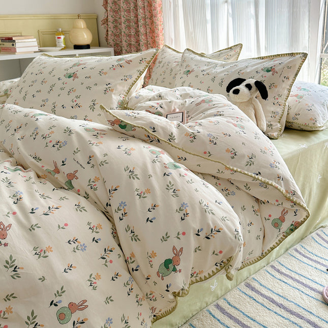 Ensemble de housse de couette Queen-100% coton lavé et ensemble de literie imprimé avec fermeture à glissière 4 ensembles de literie Queen Size
