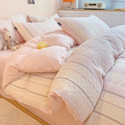 Queen Duvet Cover Set -Duvet Cover Set Cotton Reversible Design 4Piece Bedding Set (1 Duvet Cover+1 Fitted Sheet+ 2 Pillowcases) With Zipper Closure