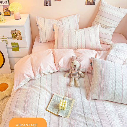 Queen Duvet Cover Set -Duvet Cover Set Cotton Reversible Design 4Piece Bedding Set (1 Duvet Cover+1 Fitted Sheet+ 2 Pillowcases) With Zipper Closure
