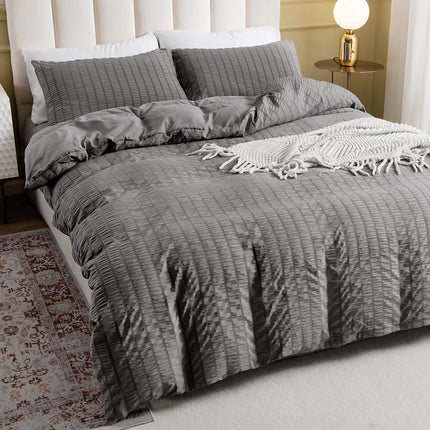 3 Pieces King Duvet Cover Set, Textured Stripe Washed Microfiber Comforter Cover with Zipper Closure