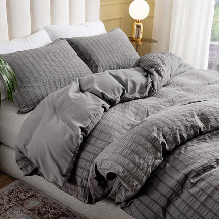3 Pieces King Duvet Cover Set, Textured Stripe Washed Microfiber Comforter Cover with Zipper Closure
