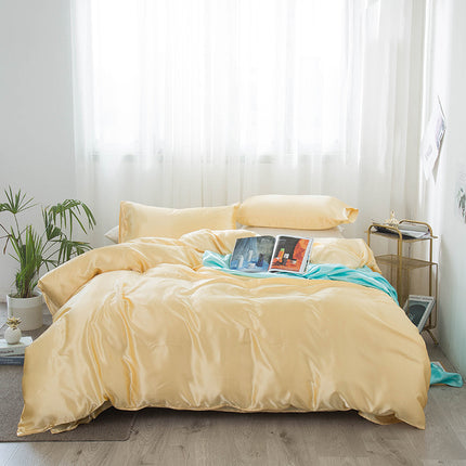 Drap de lit housse de couette et taie d'oreiller, ensemble de draps 4 pièces, ensemble de housse de literie drap plat linge de lit taie d'oreiller satin soie literie adulte