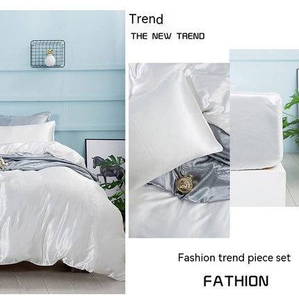 Drap de lit housse de couette et taie d'oreiller, ensemble de draps 4 pièces, ensemble de housse de literie drap plat linge de lit taie d'oreiller satin soie literie adulte