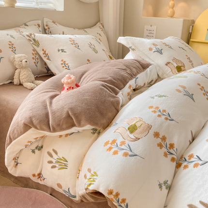 Soft And Comfortable Four-Piece Bedding Set With Thick Velvet And Coral Fleece Including Bed Sheet Pillowcase And Duvet Cover