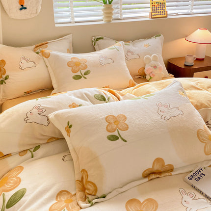 Soft And Comfortable Four-Piece Bedding Set With Thick Velvet And Coral Fleece Including Bed Sheet Pillowcase And Duvet Cover