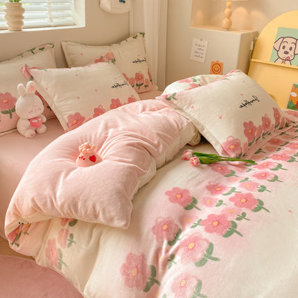 Parure de lit douce quatre pièces, en velours de lait épais et polaire corail, comprenant drap, taie d'oreiller et housse de couette