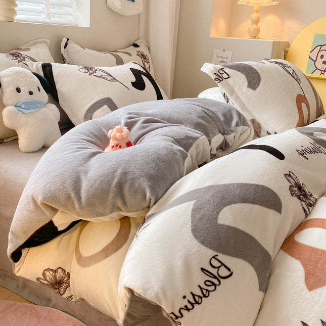 Soft And Four-Piece Bedding Set With Thick Milk Velvet And Coral Fleece Including Bed Sheet Pillowcase And Duvet Cover