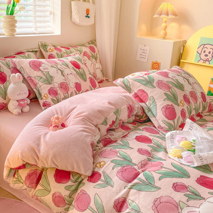 Parure de lit douce quatre pièces, en velours de lait épais et polaire corail, comprenant drap, taie d'oreiller et housse de couette