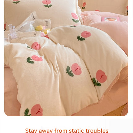 Parure de lit douce quatre pièces, en velours de lait épais et polaire corail, comprenant drap, taie d'oreiller et housse de couette
