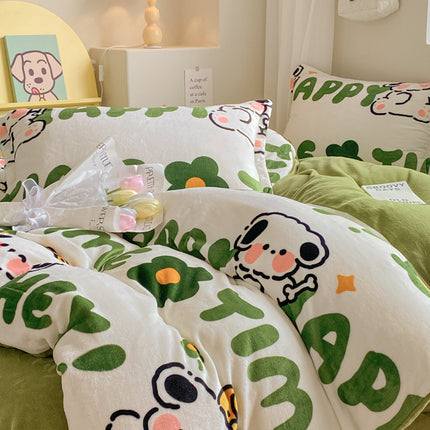 Soft And Comfortable Four-Piece Bedding Set With Thick Milk Velvet And Coral Fleece Including Bed Sheet Pillowcase And Duvet Cover