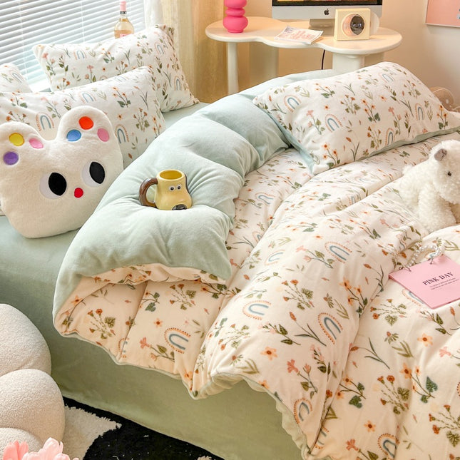 Soft And Comfortable Four-Piece Bedding Set With Thick Milk Velvet And Coral Fleece Including Bed Sheet Pillowcase And Duvet Cover