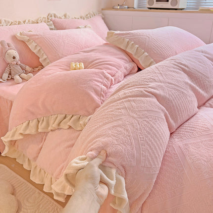 Parure de lit 4 pièces en peluche à poils longs avec housse de couette moelleuse, parure de lit de luxe ultra douce et chaude touffetée avec fermeture éclair pour l'hiver