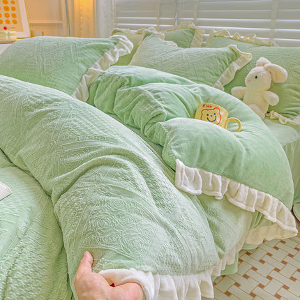 Parure de lit 4 pièces en peluche à poils longs avec housse de couette moelleuse, parure de lit de luxe ultra douce et chaude touffetée avec fermeture éclair pour l'hiver