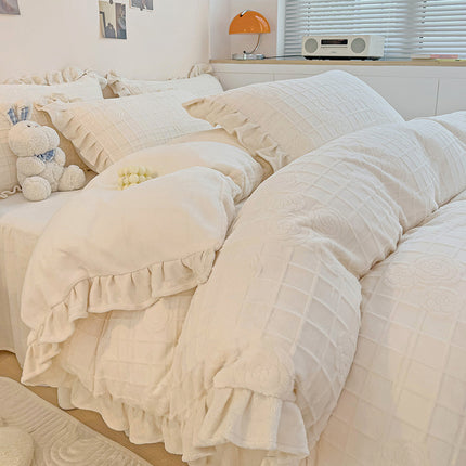Parure de lit 4 pièces en peluche à poils longs avec housse de couette moelleuse, parure de lit de luxe ultra douce et chaude touffetée avec fermeture éclair pour l'hiver