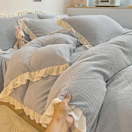 Parure de lit 4 pièces en peluche à poils longs avec housse de couette moelleuse, parure de lit de luxe ultra douce et chaude touffetée avec fermeture éclair pour l'hiver